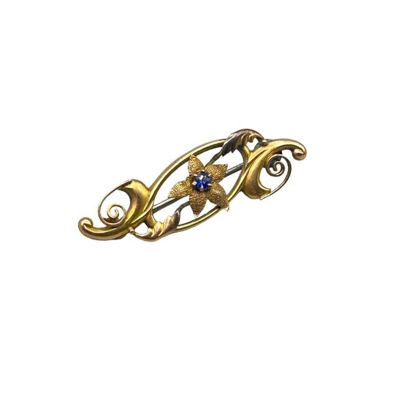 Antique 9kt 375 Gold Floral Brooch with Blue Gemstone Accent Bar Pin - Picture 1 of 9